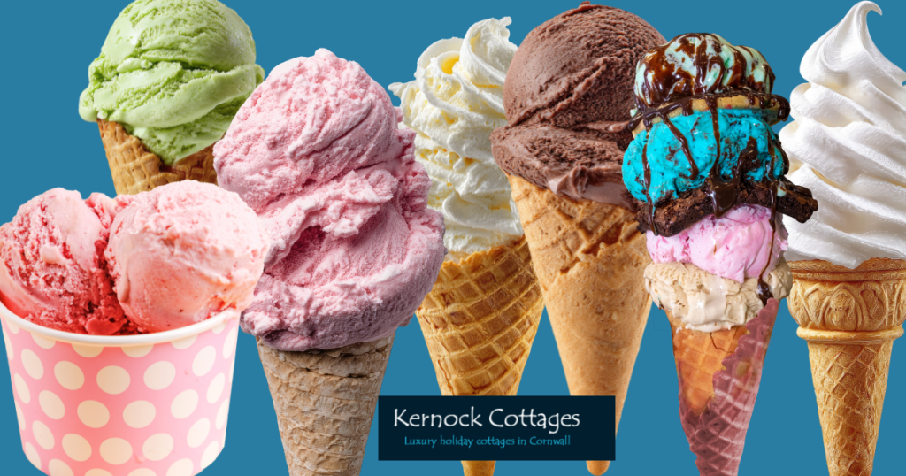 Delicious Cornish ice cream of various flavours in cones and tubs